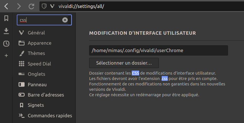 Paramètre de CSS de Vivaldi
