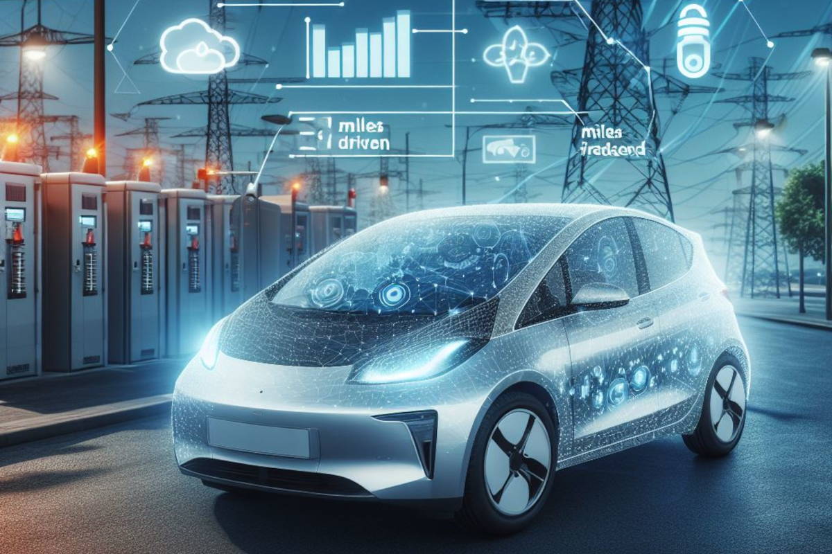 Image d’une voiture électrique devant une station électrique avec des statistiques.