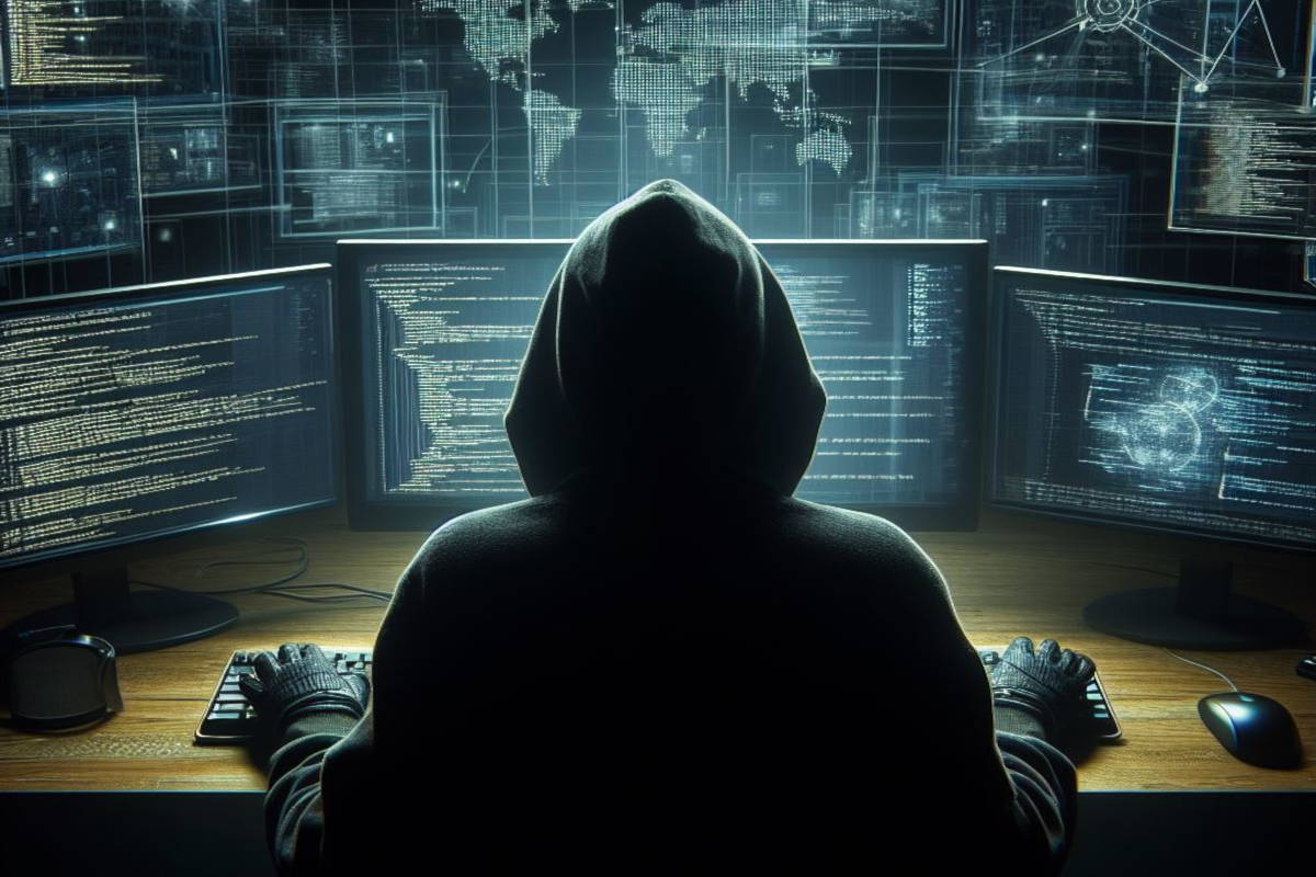 Hacker devant un tas d’écrans.