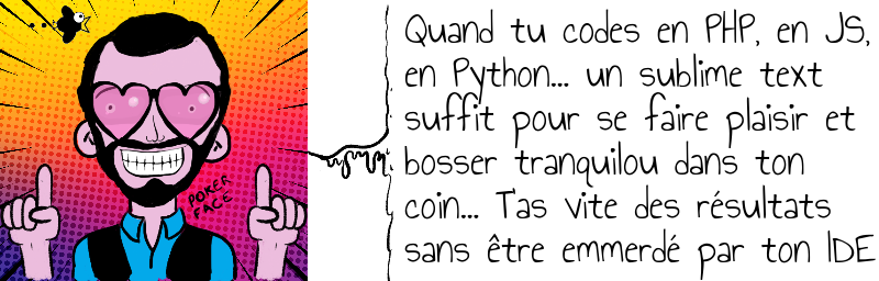 Quand tu codes en PHP, en JS,  en Python... un sublime text  suffit pour se faire plaisir et   bosser tranquilou dans ton  coin... T'as vite des résultats  sans être emmerdé par ton IDE