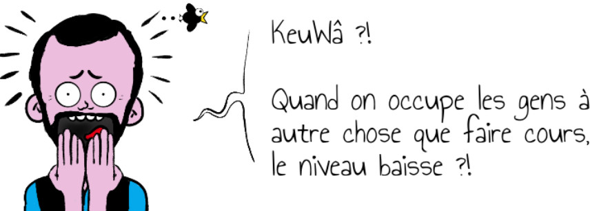 KeuWâ ?!    Quand on occupe les gens à   autre chose que faire cours,   le niveau baisse ?!