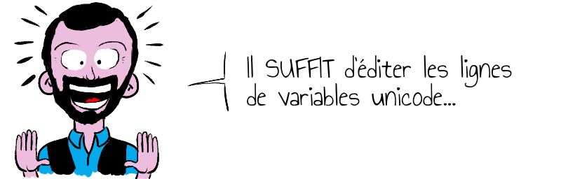 Il SUFFIT d'éditer les lignes  de variables unicode... 
