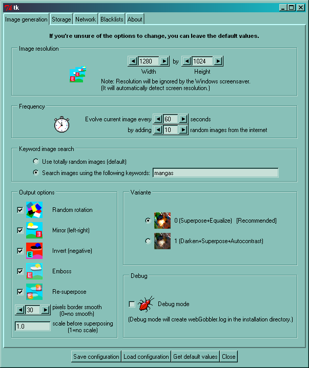 webGobbler configuration screen