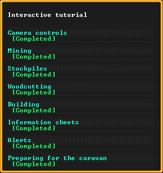 Liste des tutoriels interactifs du jeu.