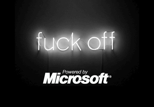 Animation affichant un "Fuck Off Microsoft" clignotant en tubes néon.