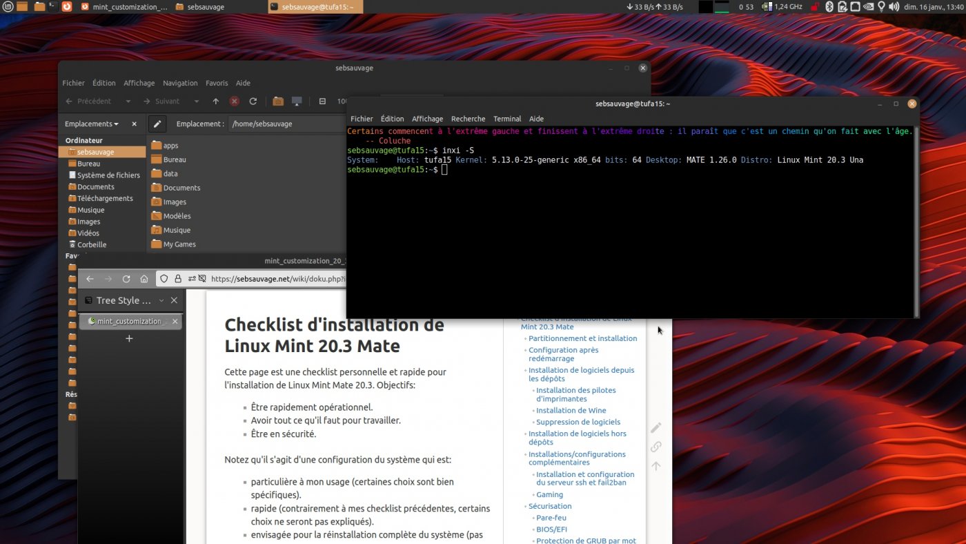 Copie d'écran du bureau Linux Mint 20.3 Mate en thème sombre.